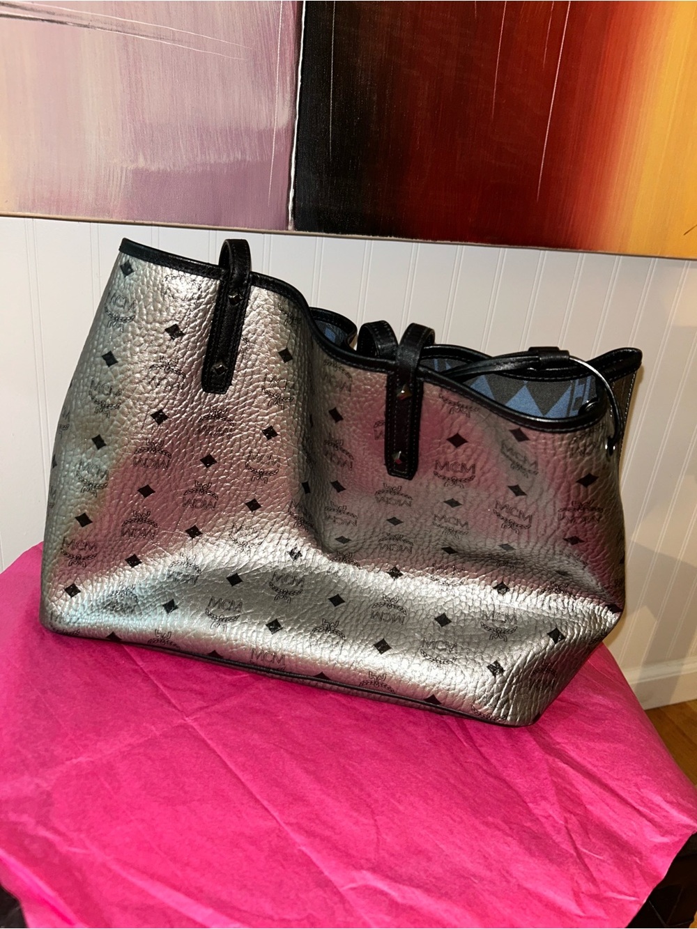 MCM Metallic Silver Tote with Black Trim - Picture 3 of 7